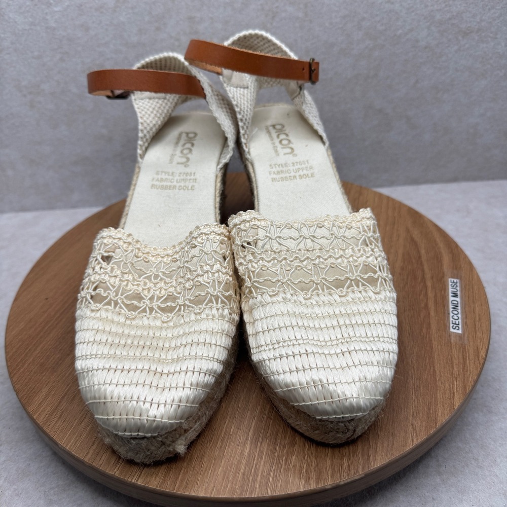 Picon‎ Crochet Espadrille Wedge Sandals Size 40 9 Cream Ankle Strap Boho Summer